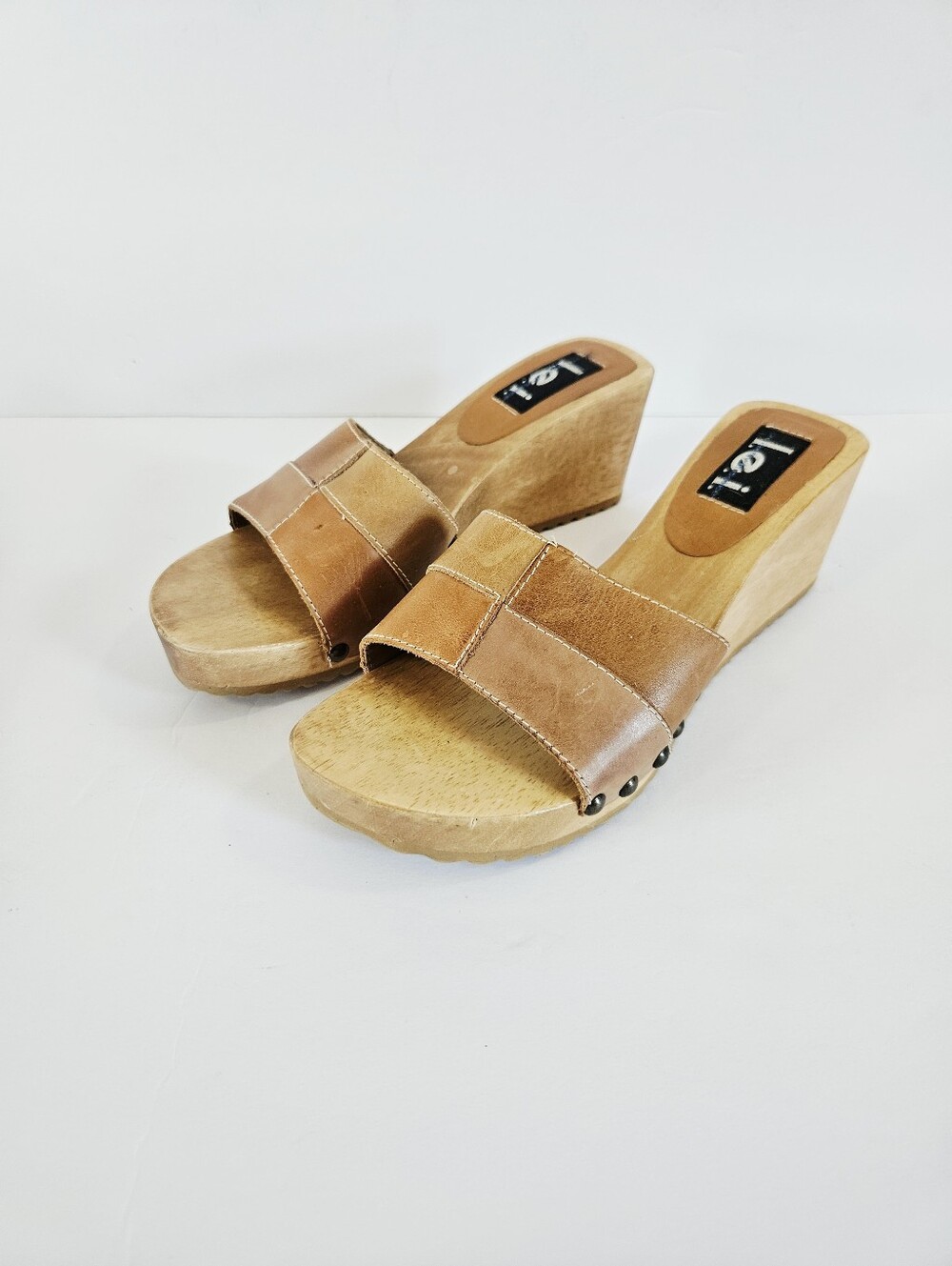 Vintage l.e.i. Wooden Diedra Platform Patchwork Leather Slip On Mule Sandals 8.5 - Picture 9 of 16